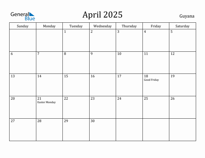 April 2025 Calendar Guyana