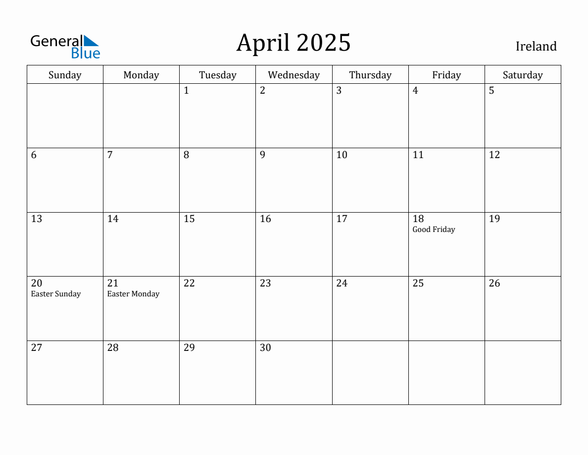 April 2025 Monthly Calendar with Ireland Holidays