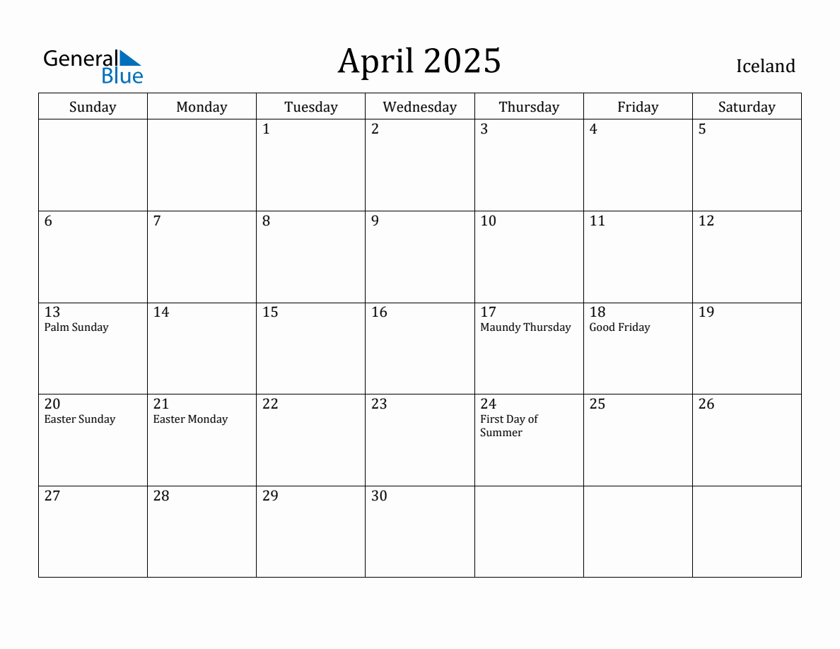 April 2025 Monthly Calendar with Iceland Holidays