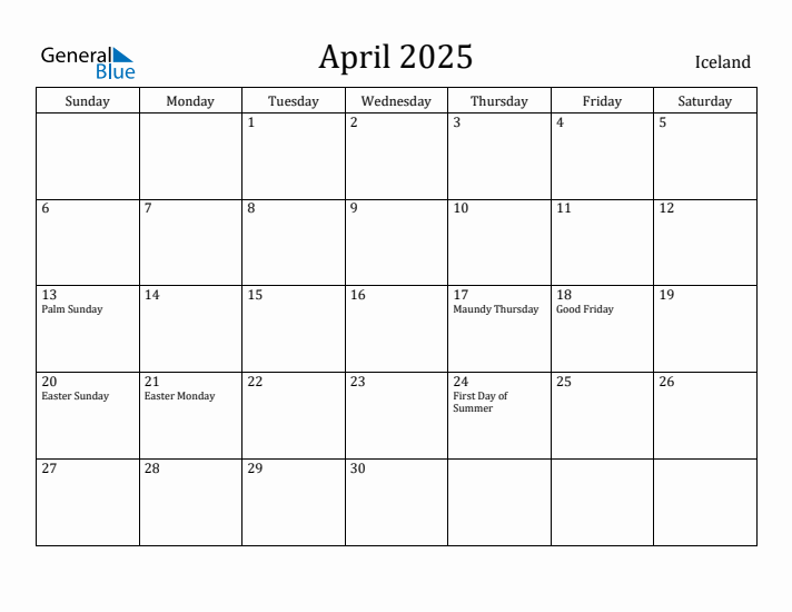April 2025 Calendar Iceland