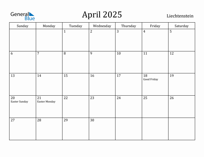 April 2025 Calendar Liechtenstein