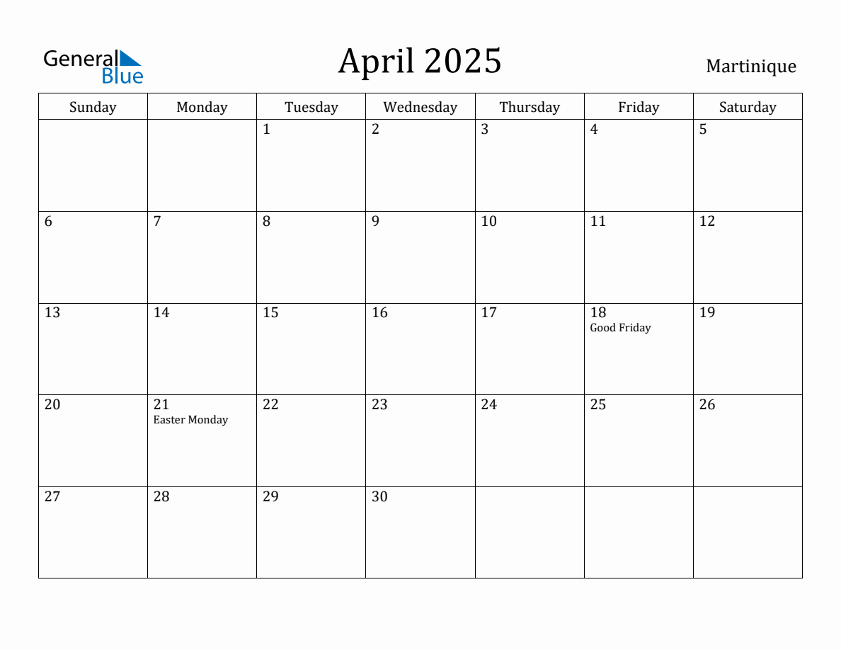 April 2025 Monthly Calendar with Martinique Holidays