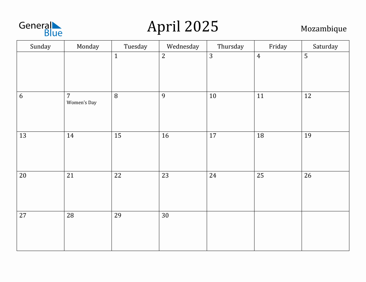 April 2025 Monthly Calendar with Mozambique Holidays