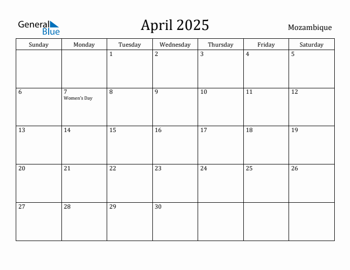April 2025 Calendar Mozambique