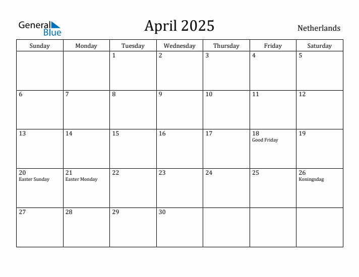 April 2025 Calendar The Netherlands