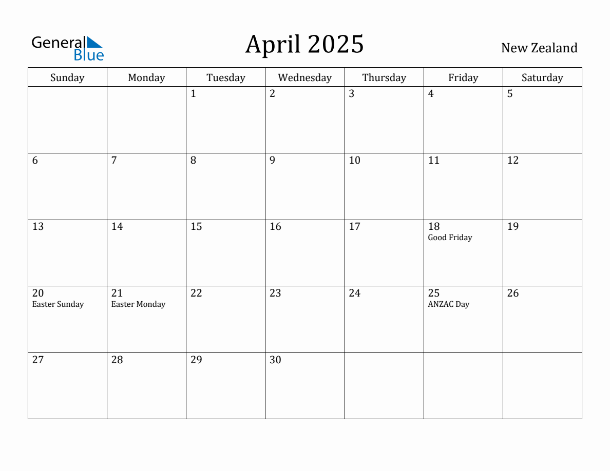 April 2025 Monthly Calendar with New Zealand Holidays