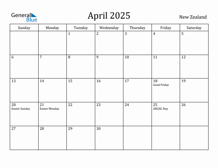 April 2025 Calendar New Zealand