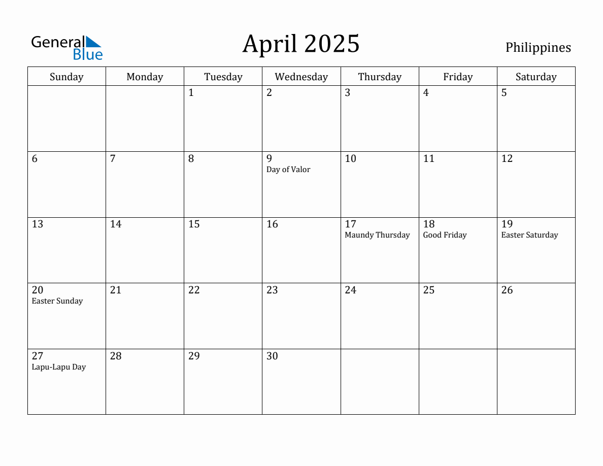 April 2025 Monthly Calendar with Philippines Holidays