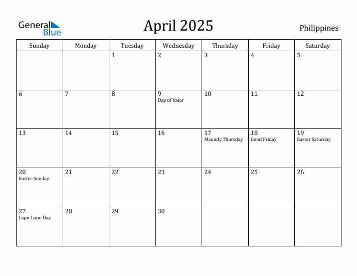 April 2025 Monthly Calendar with Philippines Holidays