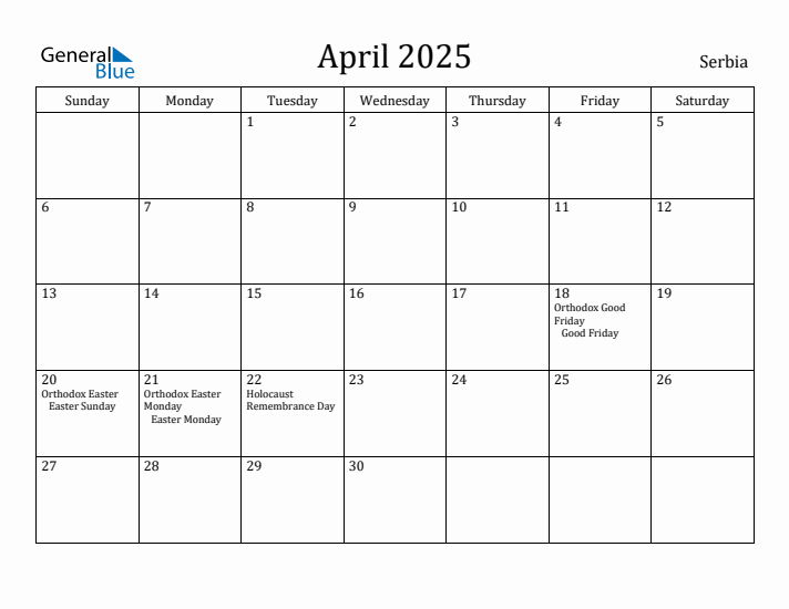 April 2025 Calendar Serbia