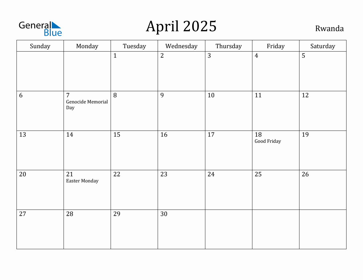 April 2025 Monthly Calendar with Rwanda Holidays