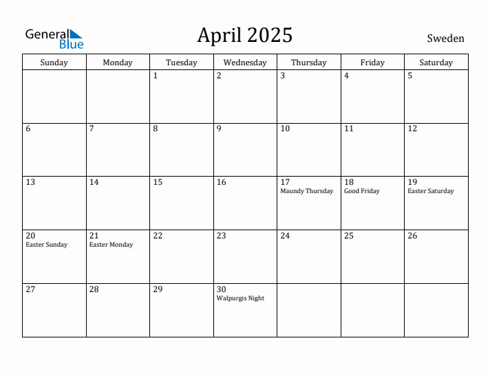April 2025 Calendar Sweden