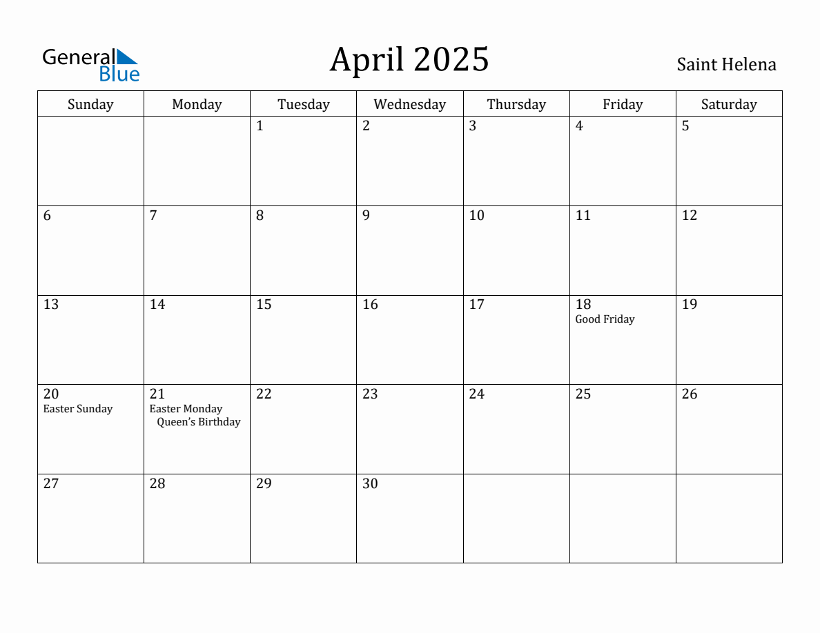 April 2025 Monthly Calendar with Saint Helena Holidays