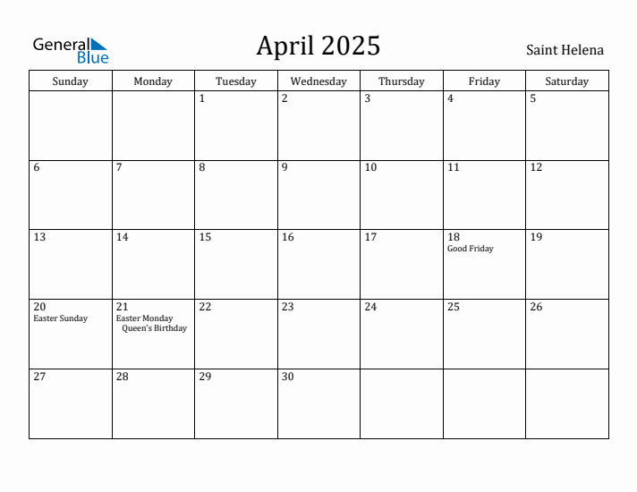 April 2025 Calendar Saint Helena