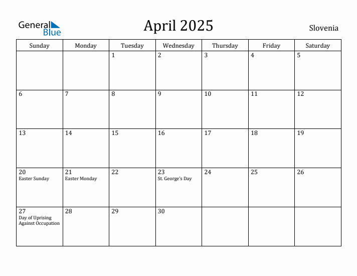 April 2025 Calendar Slovenia