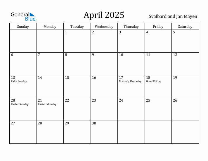 April 2025 Calendar Svalbard and Jan Mayen