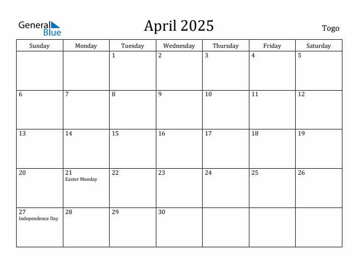 April 2025 Calendar Togo