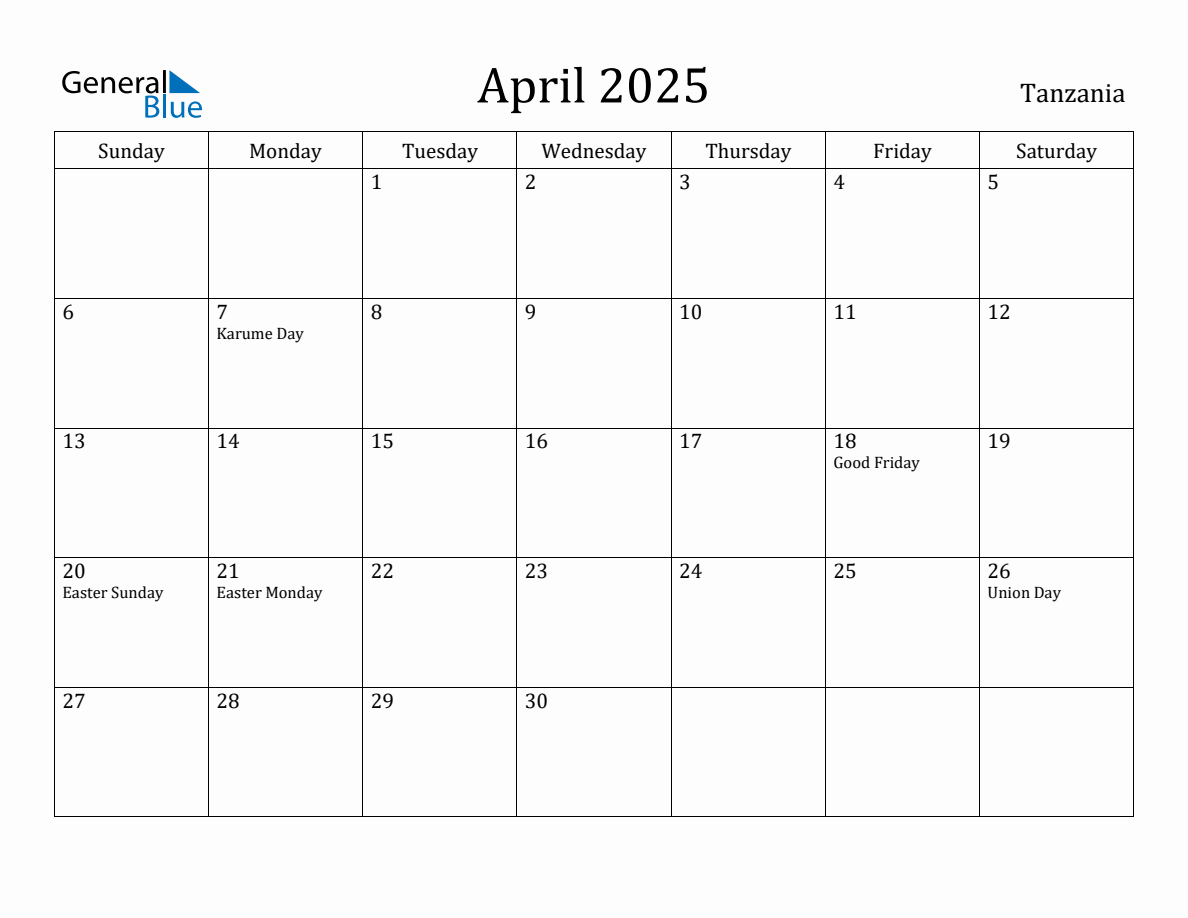 April 2025 Monthly Calendar with Tanzania Holidays