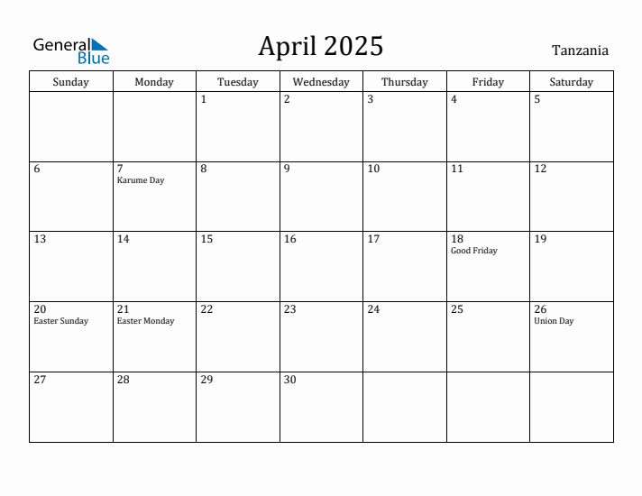 April 2025 Calendar Tanzania
