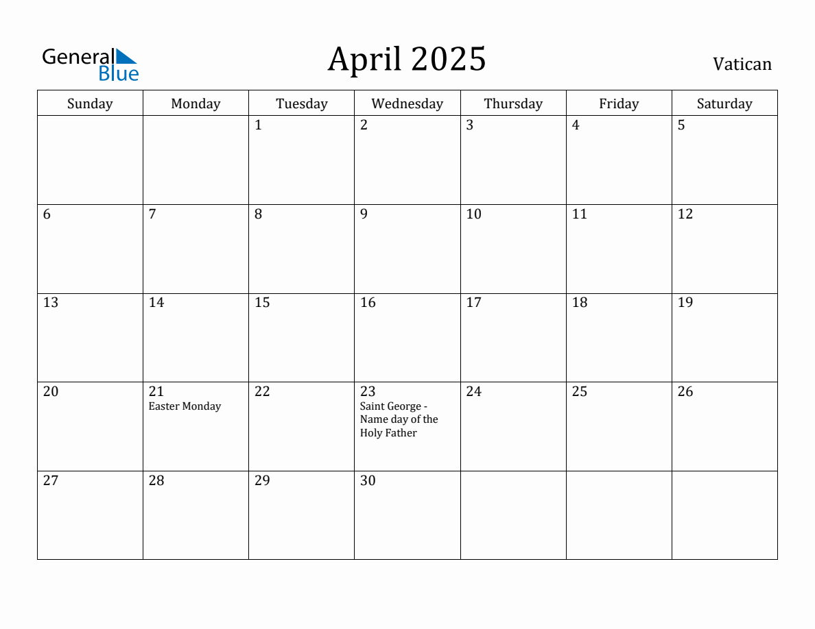 April 2025 Monthly Calendar with Vatican Holidays