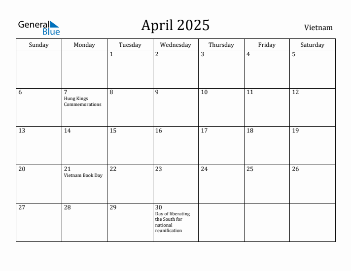 April 2025 Monthly Calendar with Vietnam Holidays