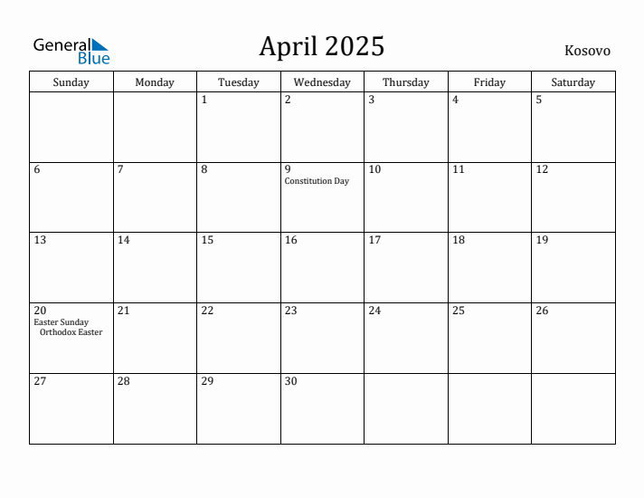 April 2025 Calendar Kosovo