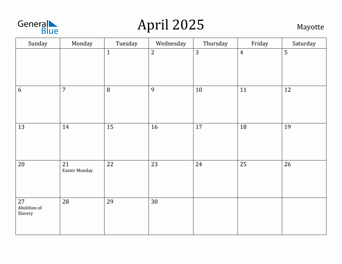 April 2025 Monthly Calendar with Mayotte Holidays