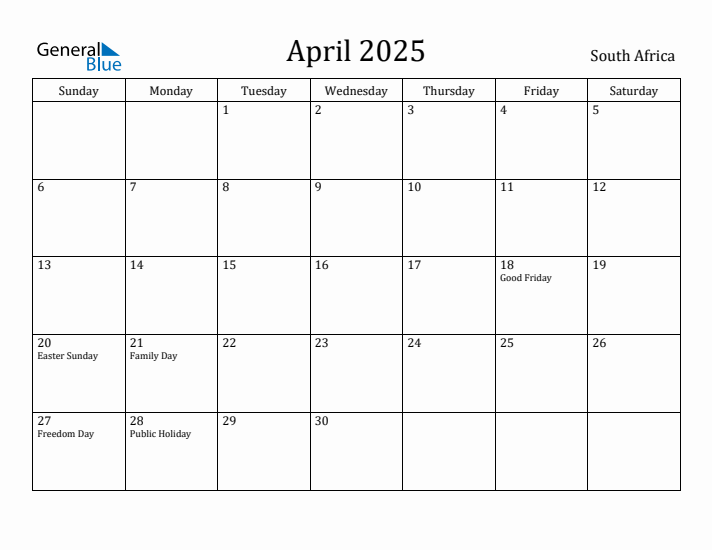 April 2025 Calendar South Africa