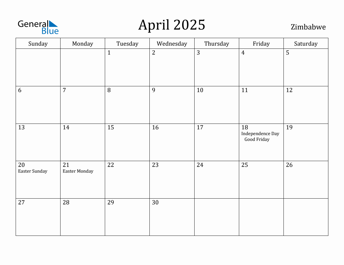 April 2025 Monthly Calendar with Zimbabwe Holidays