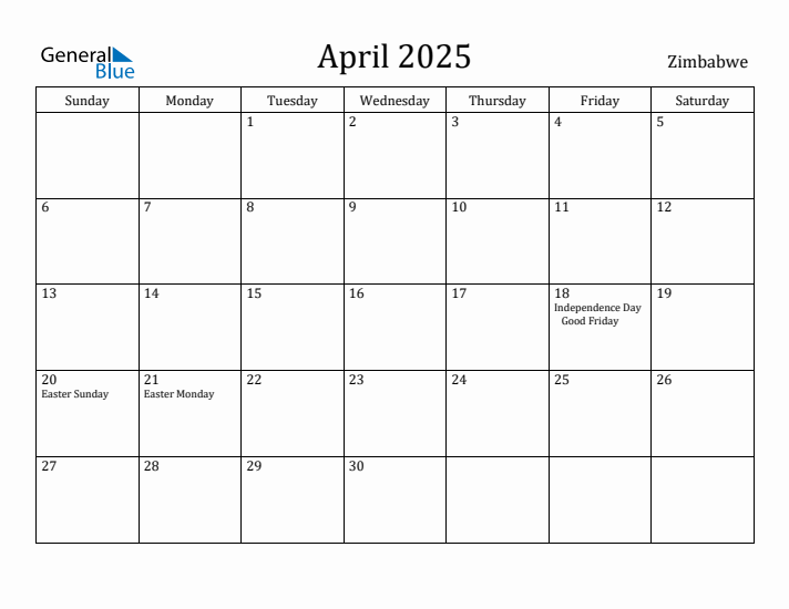 April 2025 Calendar Zimbabwe