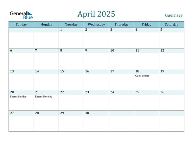 Guernsey April 2025 Calendar with Holidays