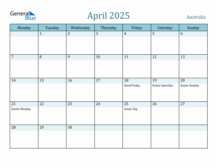 Australia Holiday Calendar for April 2025