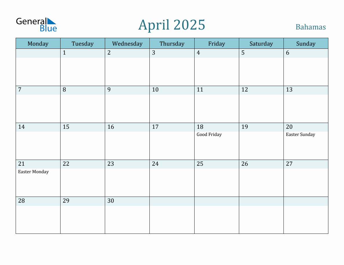 Bahamas Holiday Calendar for April 2025