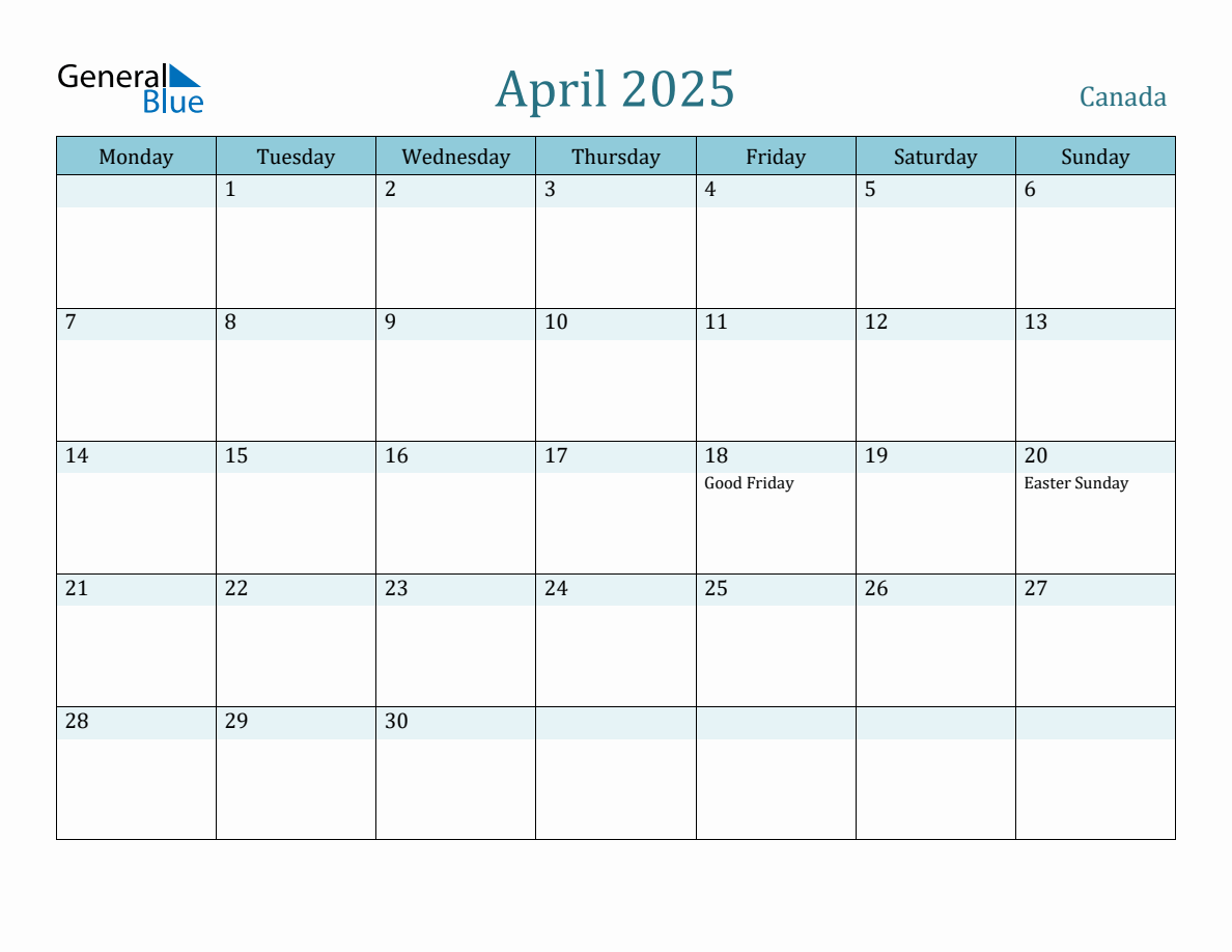 Canada Holiday Calendar for April 2025
