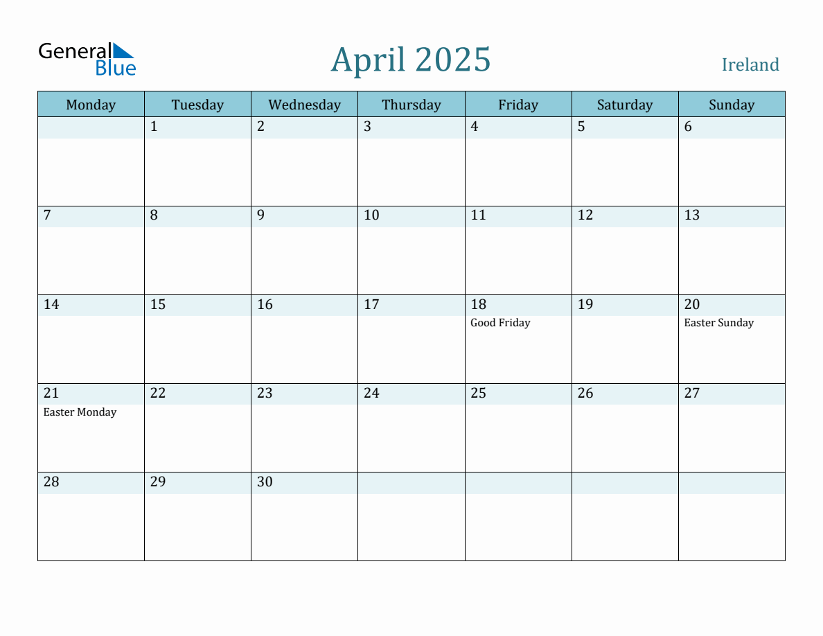 Ireland Holiday Calendar for April 2025