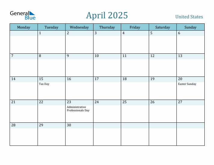 April 2025 United States Monthly Calendar with Holidays