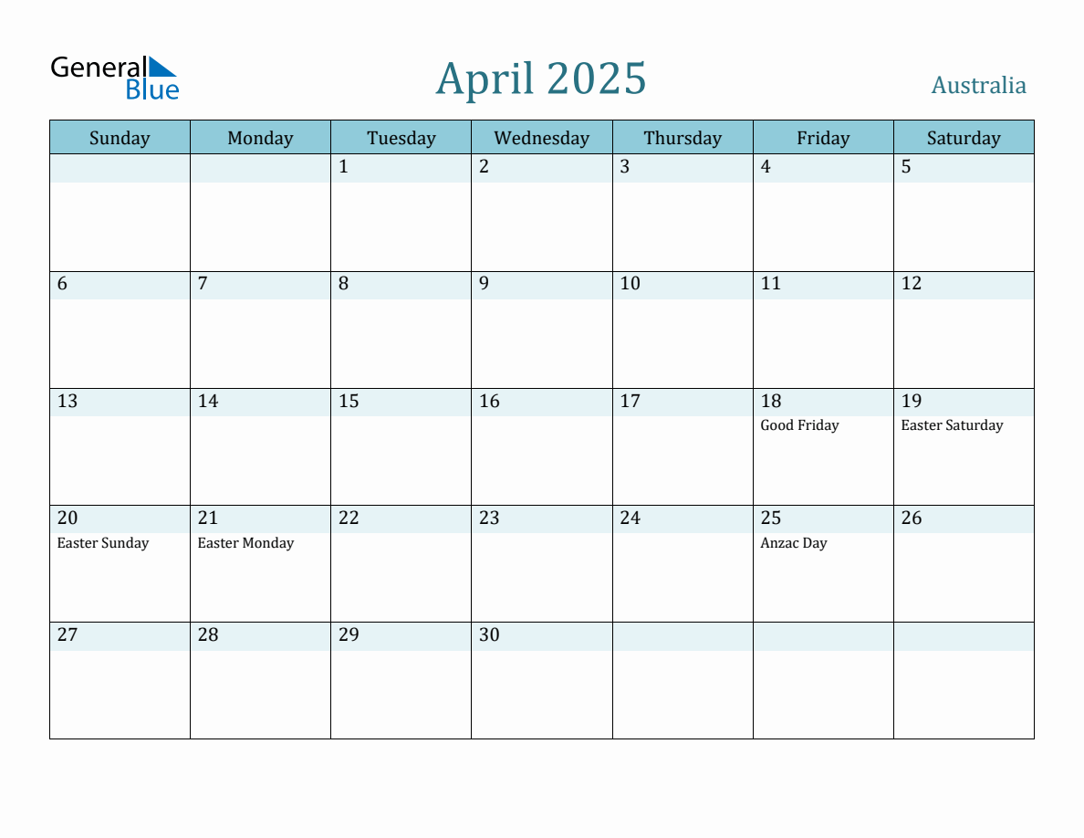 Australia Holiday Calendar for April 2025