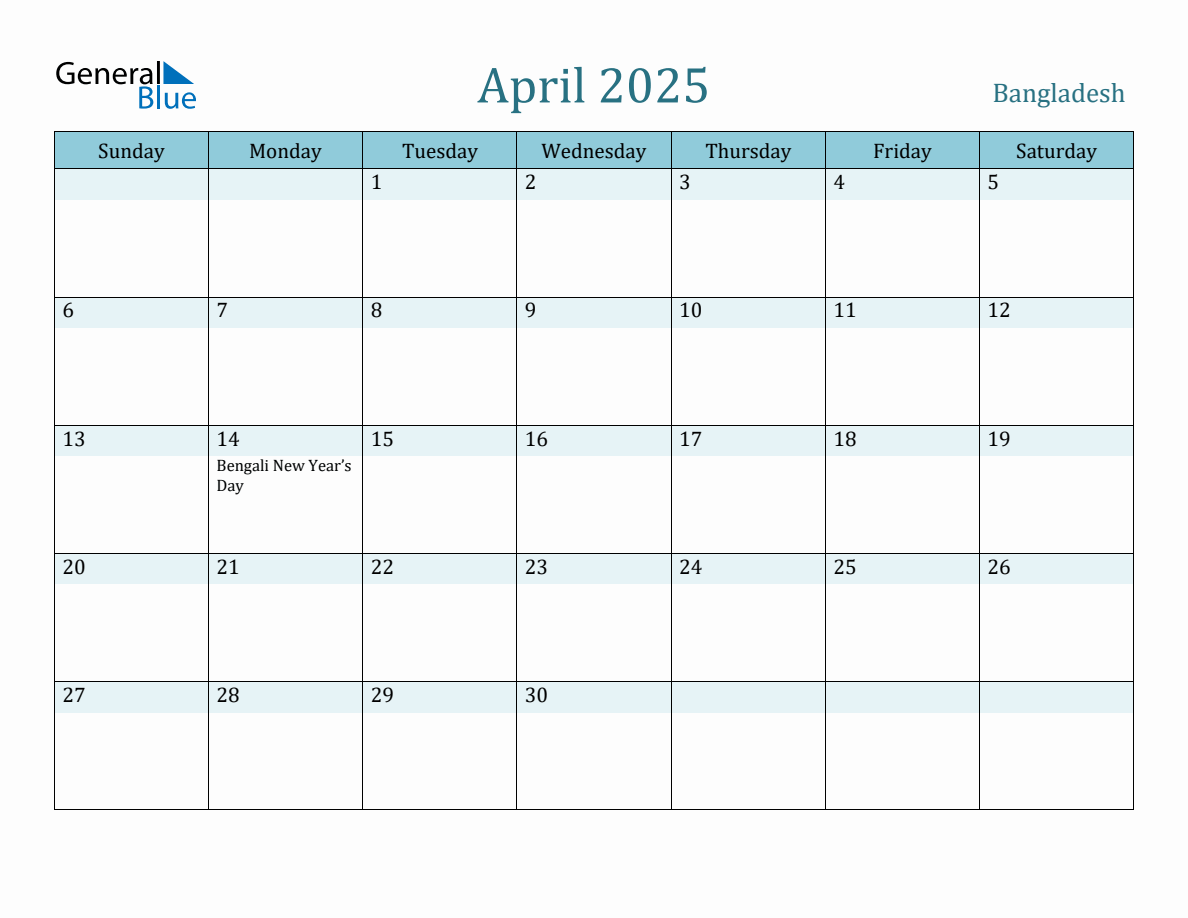 Bangladesh Holiday Calendar for April 2025