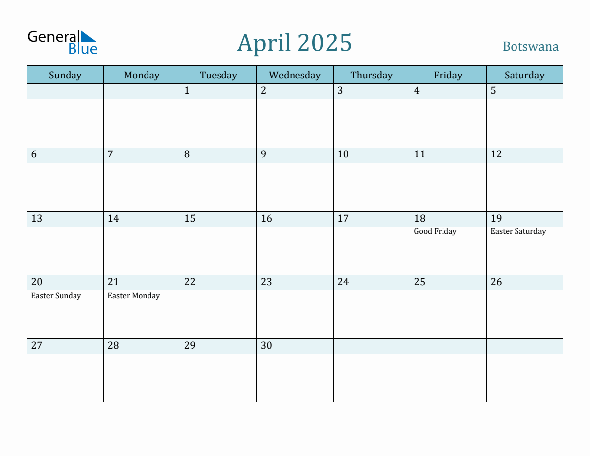 Botswana Holiday Calendar for April 2025