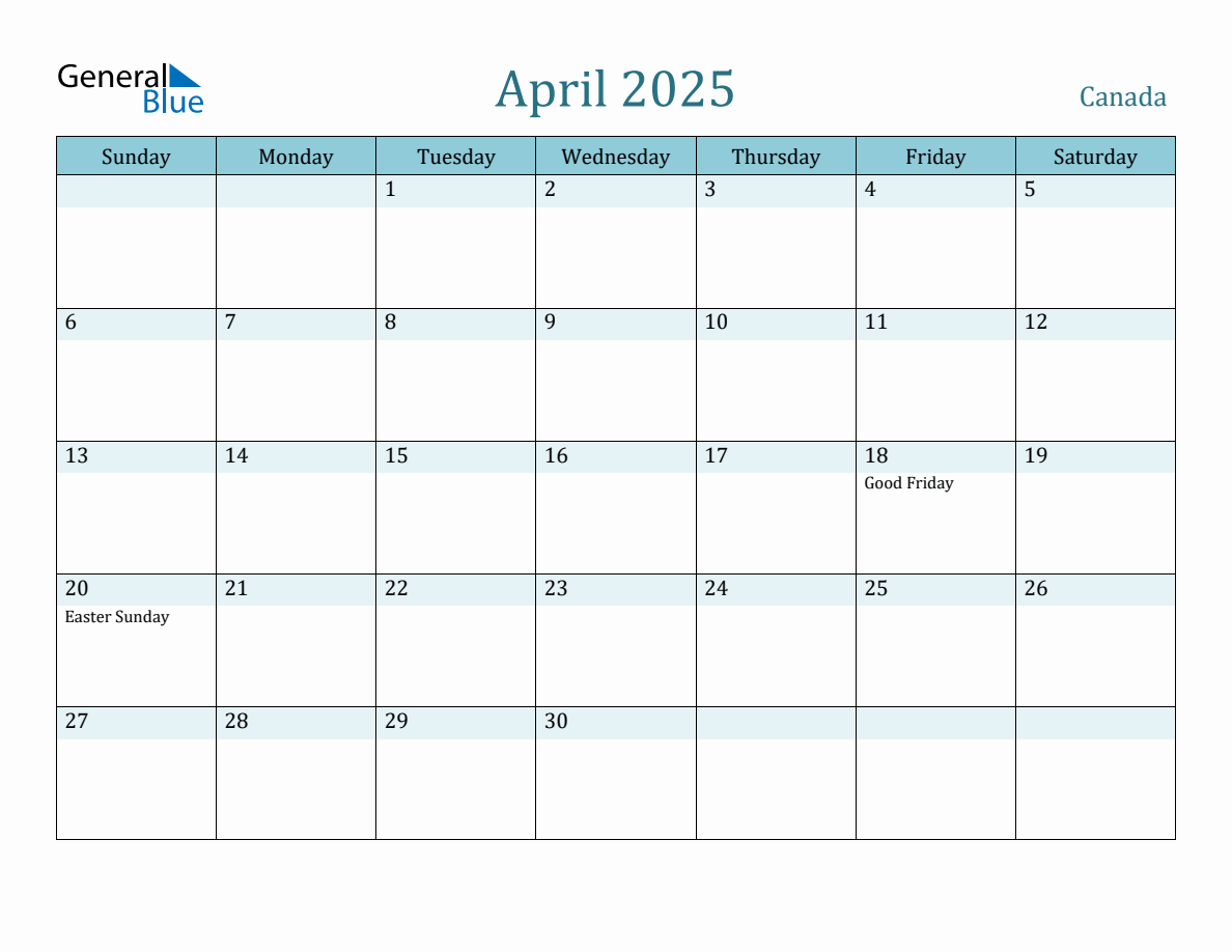 Canada Holiday Calendar for April 2025