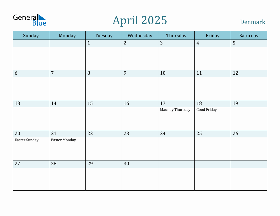 Denmark Holiday Calendar for April 2025