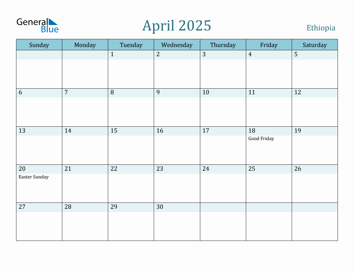 Ethiopia Holiday Calendar for April 2025