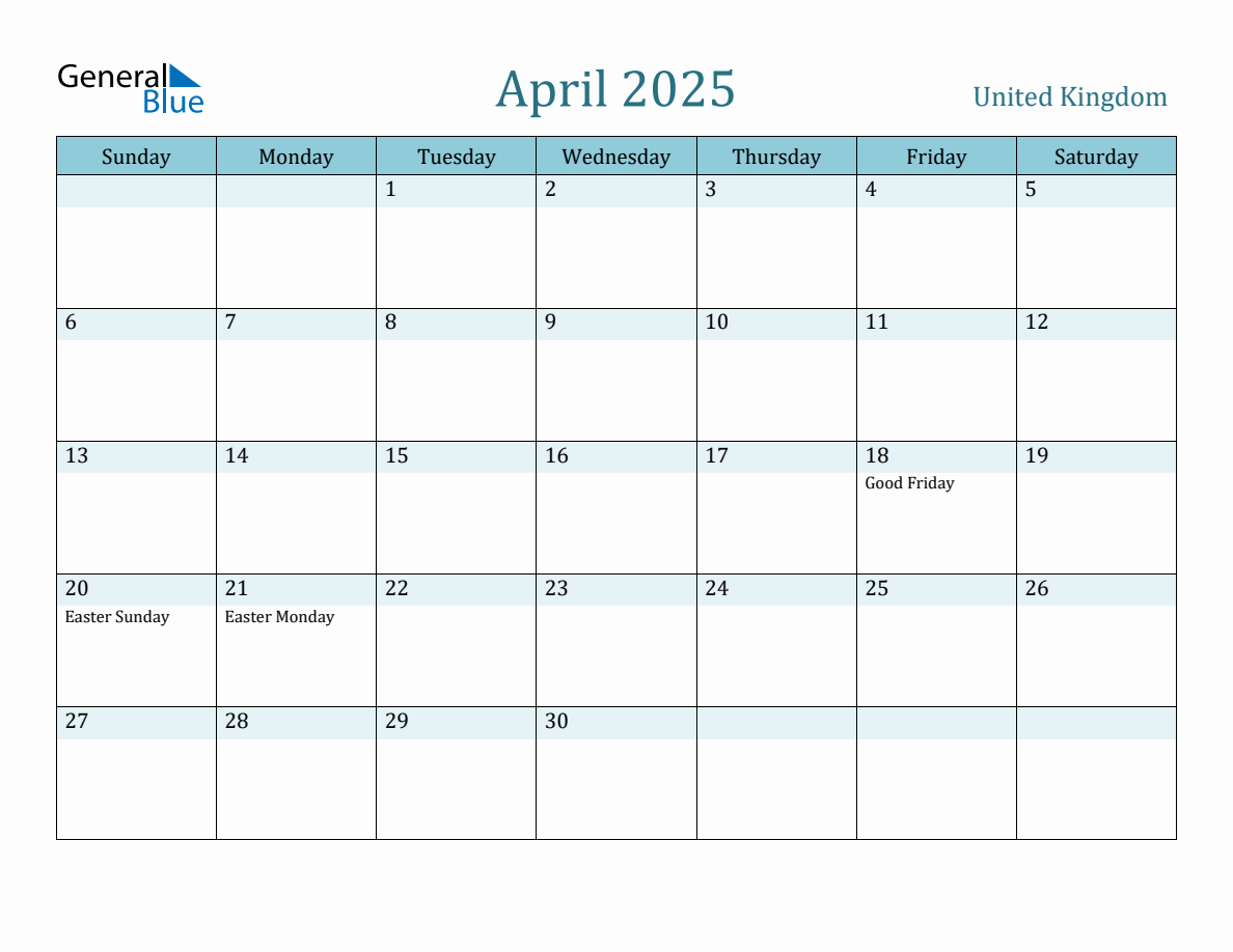 United Kingdom Holiday Calendar for April 2025