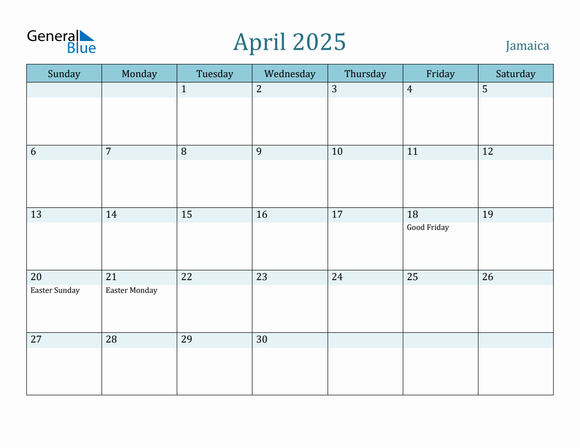 Jamaica Holiday Calendar for April 2025