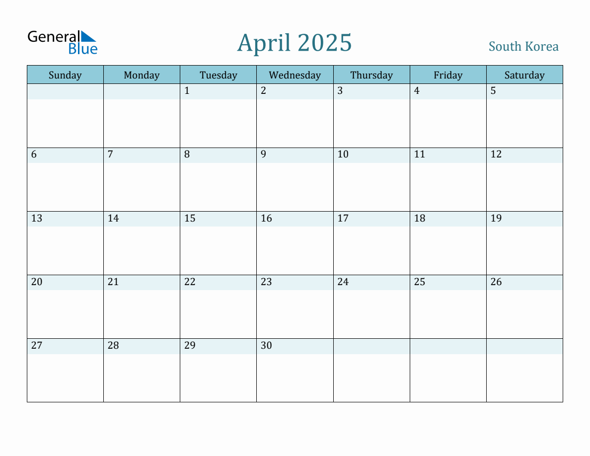 South Korea Holiday Calendar for April 2025