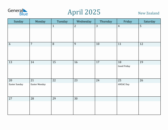 New Zealand Holiday Calendar for April 2025
