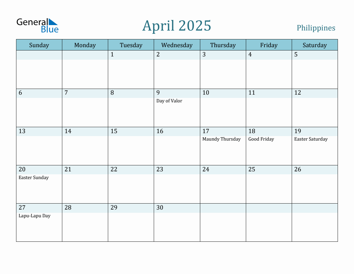Philippines Holiday Calendar for April 2025