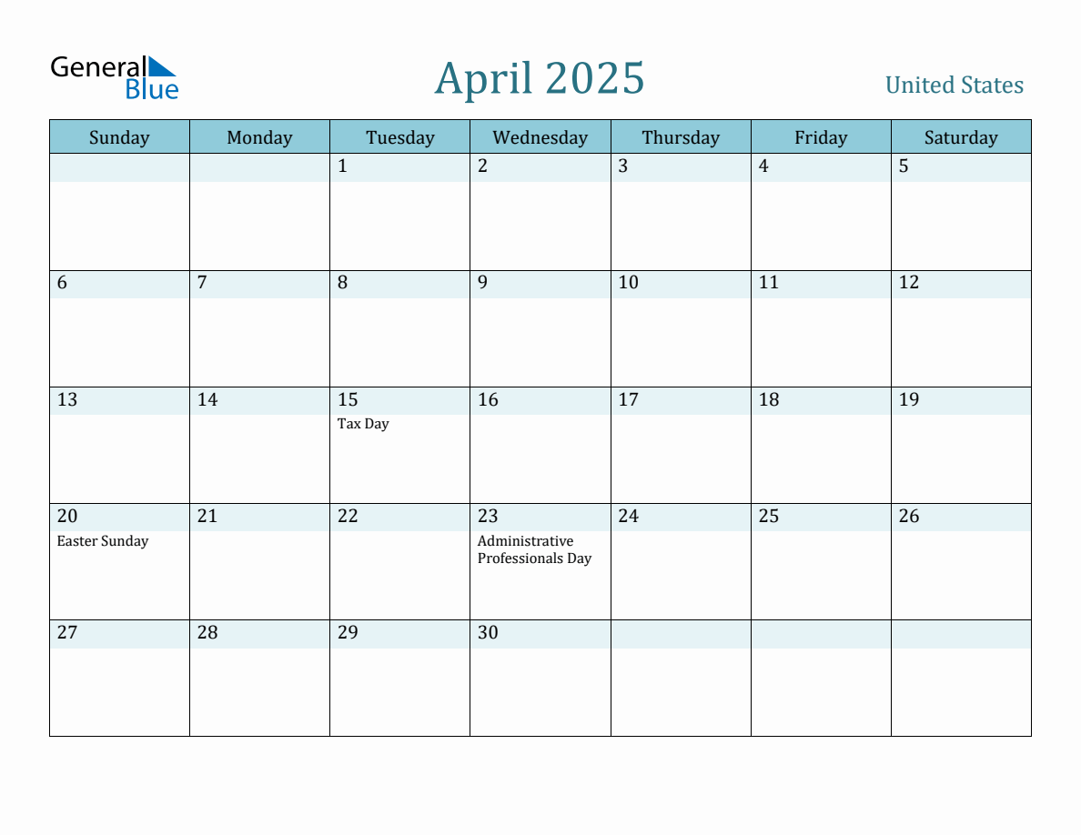 United States Holiday Calendar for April 2025