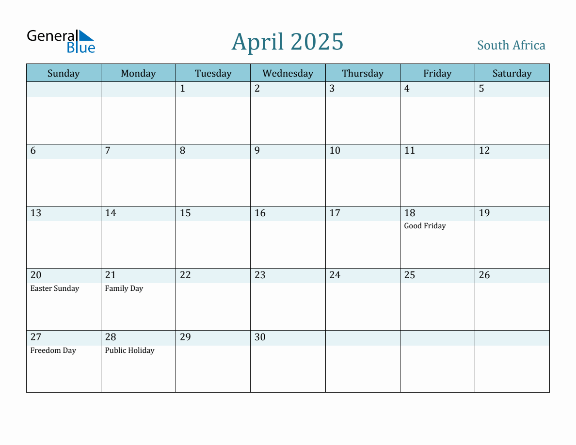 South Africa Holiday Calendar for April 2025