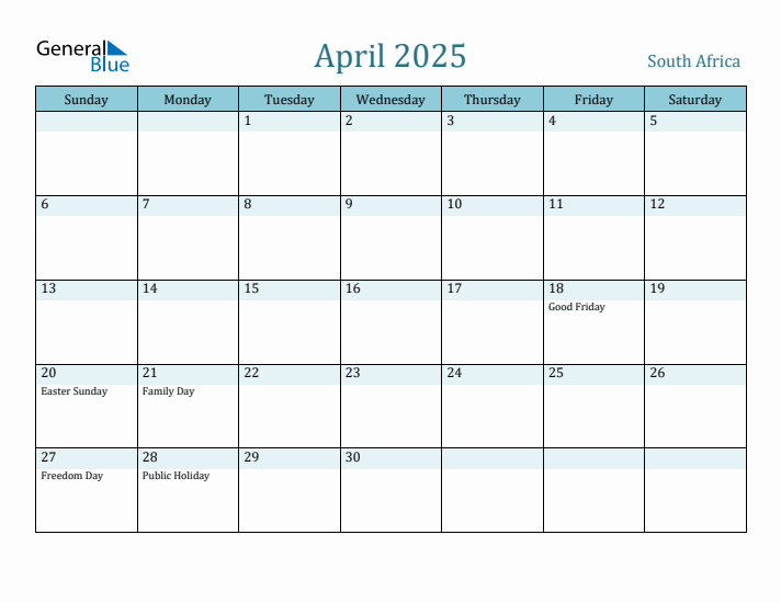 South Africa Holiday Calendar for April 2025